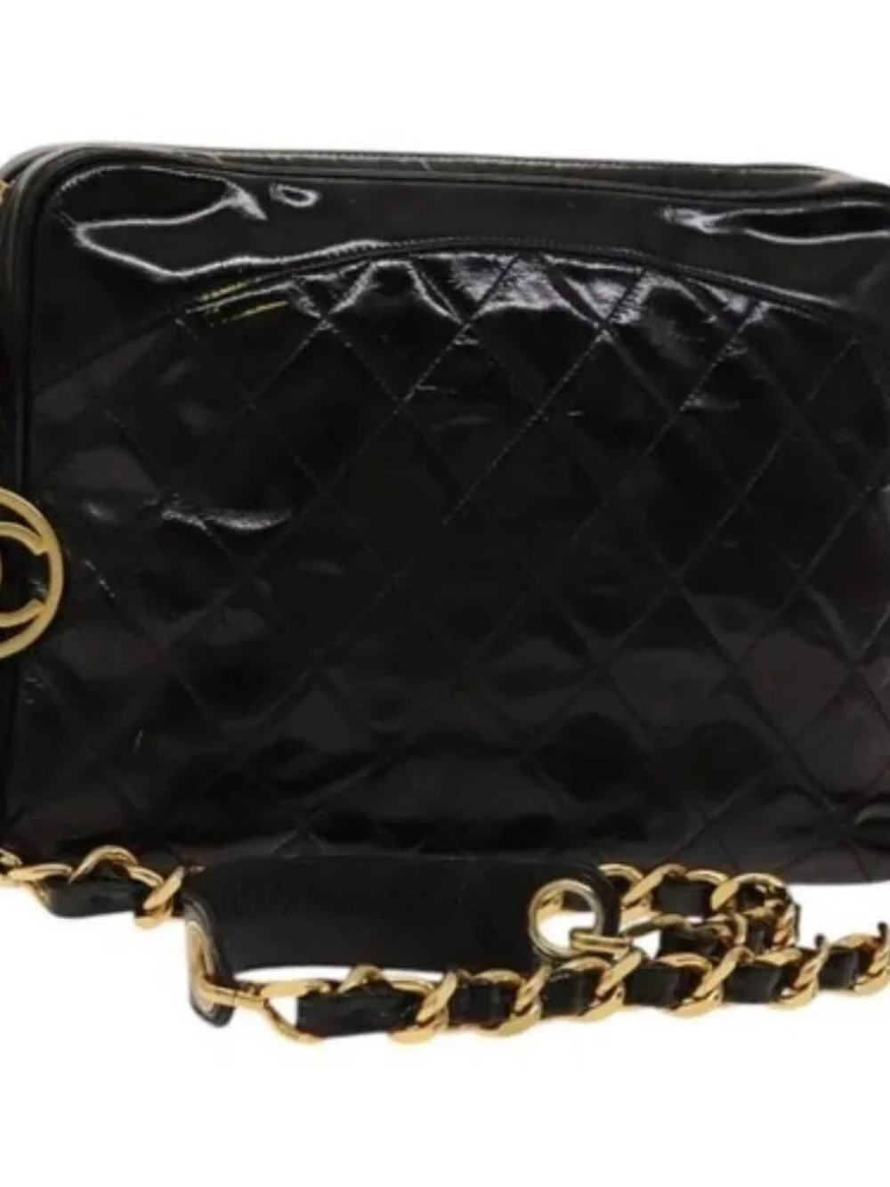 CHANEL Matelasse Chain Shoulder Bag Enamel Black Gold CC Auth bs25491